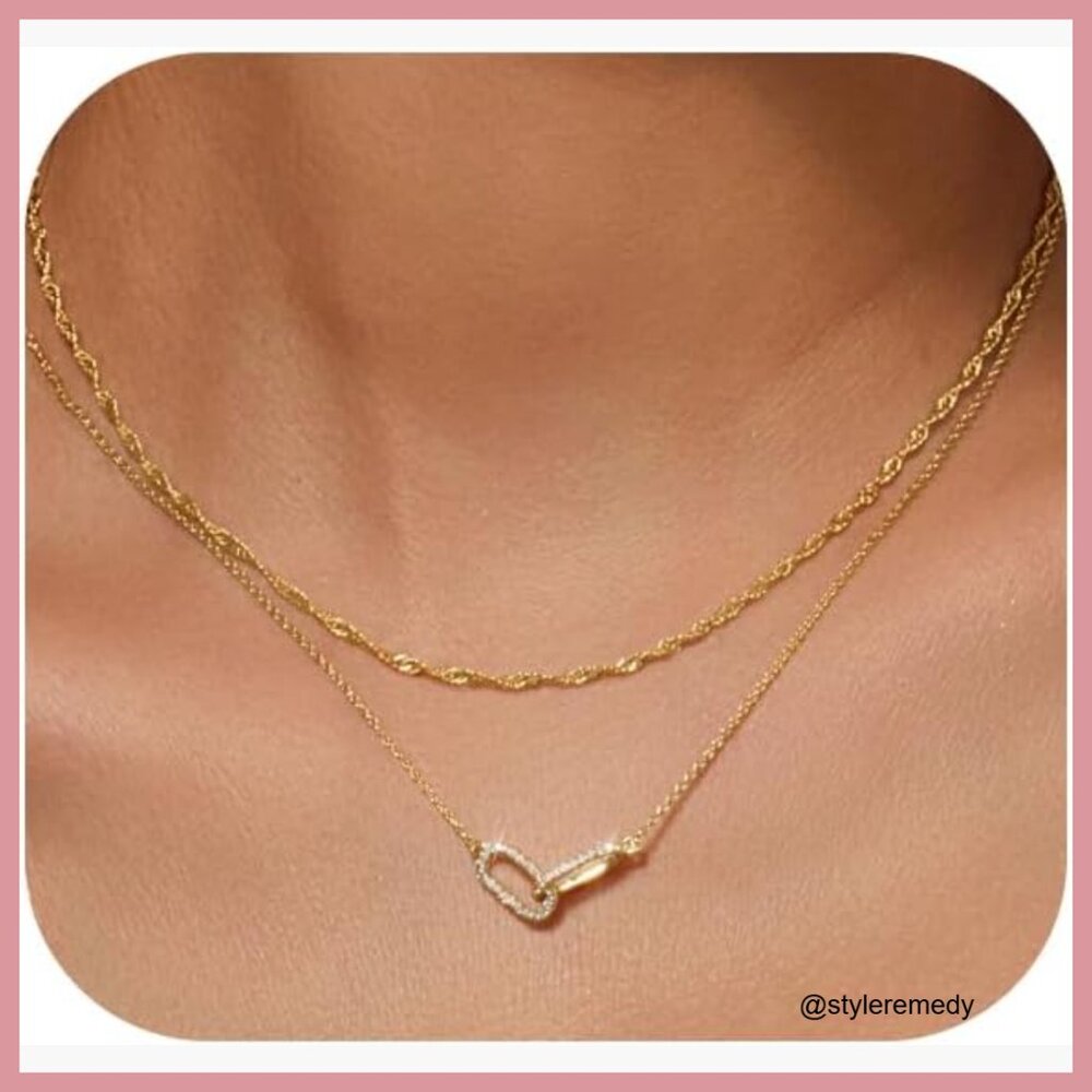 14K Gold Plated Layered Choker Necklace Adjustable Minimalist